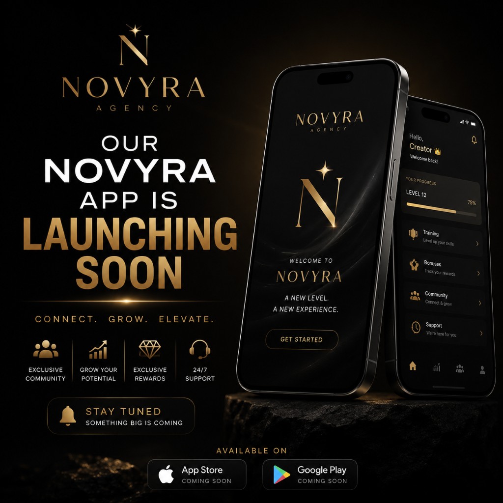 NOVYRA AGENCY mobile app launching soon — promotional graphic with iPhone and Android app previews